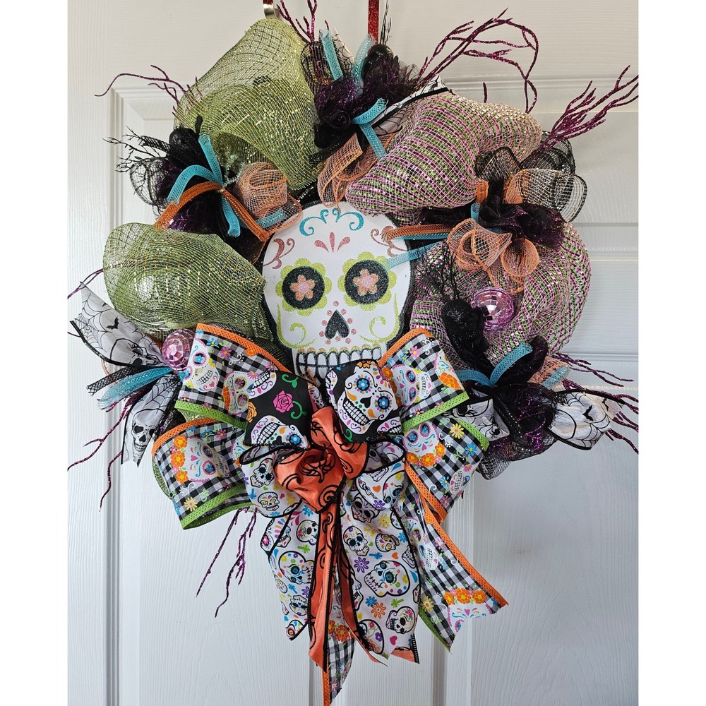 Handmade Day of the Dead Wreath Sugar Skull Halloween Decor 24" Deco Mesh Bow